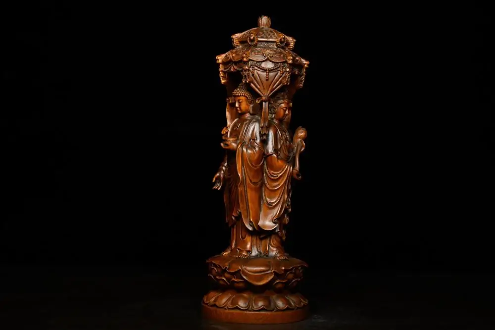 

China Boxwood Wood Carving Sakyamuni Shakyamuni GuanYin Kwan-yin 3 Buddha Statue