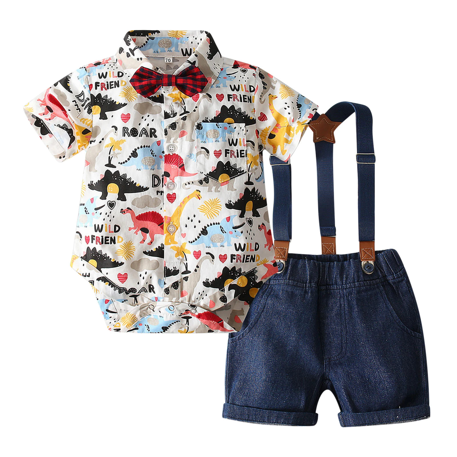 

Gentleman Boys Clothes Blouse Bodysuit Set Summer Casual Cartoon Colorful Print Short Sleeve Top&Short Overall Jeans Outfit