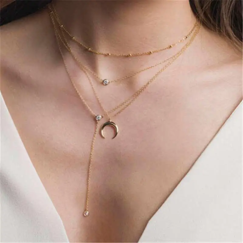 

Bohemian Double-angle Necklace Silver Colour Moon Layered Necklace Crescent Moon Horn Pendant Jewelry for Women Gift