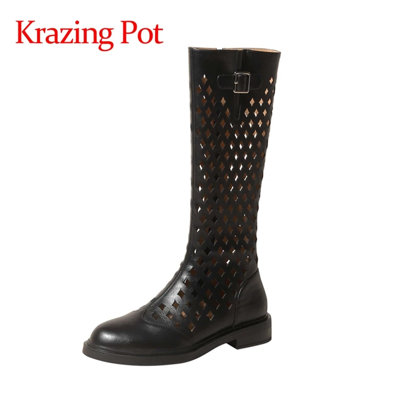

Krazing Pot genuine leather round toe low heel hollow out summer boots sun protection fashion breathable thigh high boots L43