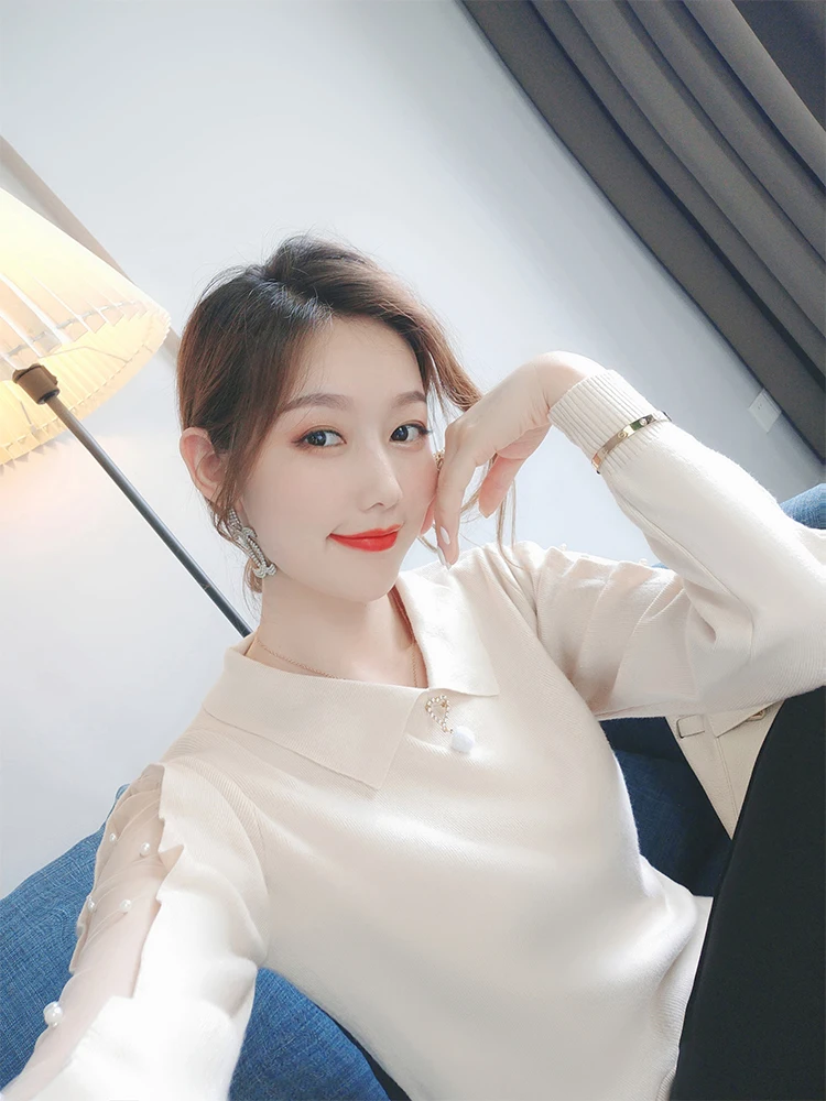

Mesh stitching nail BEADS LONG SLEEVE women's top 2020 new slim look Polo neck knitted bottoming shirt