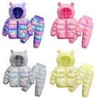 Детские комплекты одежды, зимняя пуховая куртка с капюшоном для девочек и мальчиков, пальто и брюки, комбинезон, костюм для теплой детской одежды с медведем