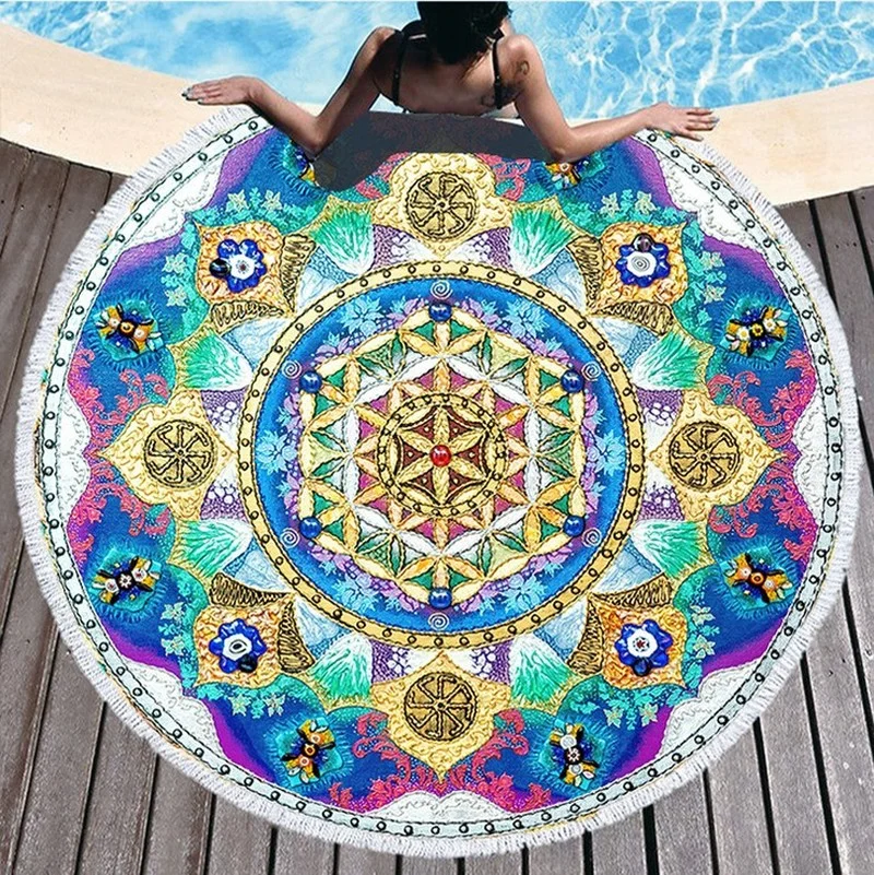 

Bohemian Mandala Round Beach Towels Boho Microfiber Made Beach Towel with Tassle Around Yoga Mat Picnic Mat