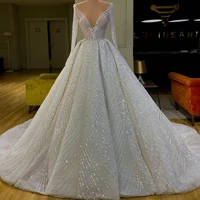v neck a line sequins wedding dresses long sleeves ruffle bridal gowns dubai luxurious vestido de novia