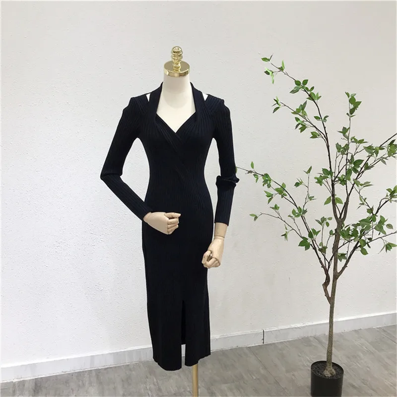

Autumn and winter new style v-neck twist knot cross-slim slimming strapless slit over the knee long knitted dress women