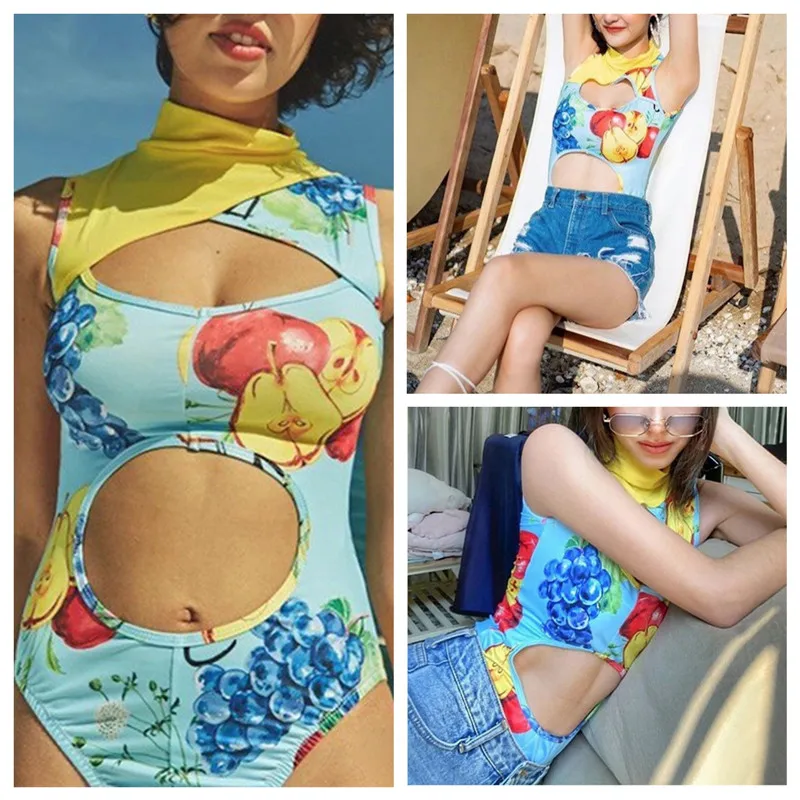 

Fruits Print Bodysuit One-Piece Suits 2021 Sexy Women Swimwear Hollow Out Turtleenck Beachwaer Padded Bathing Tankini