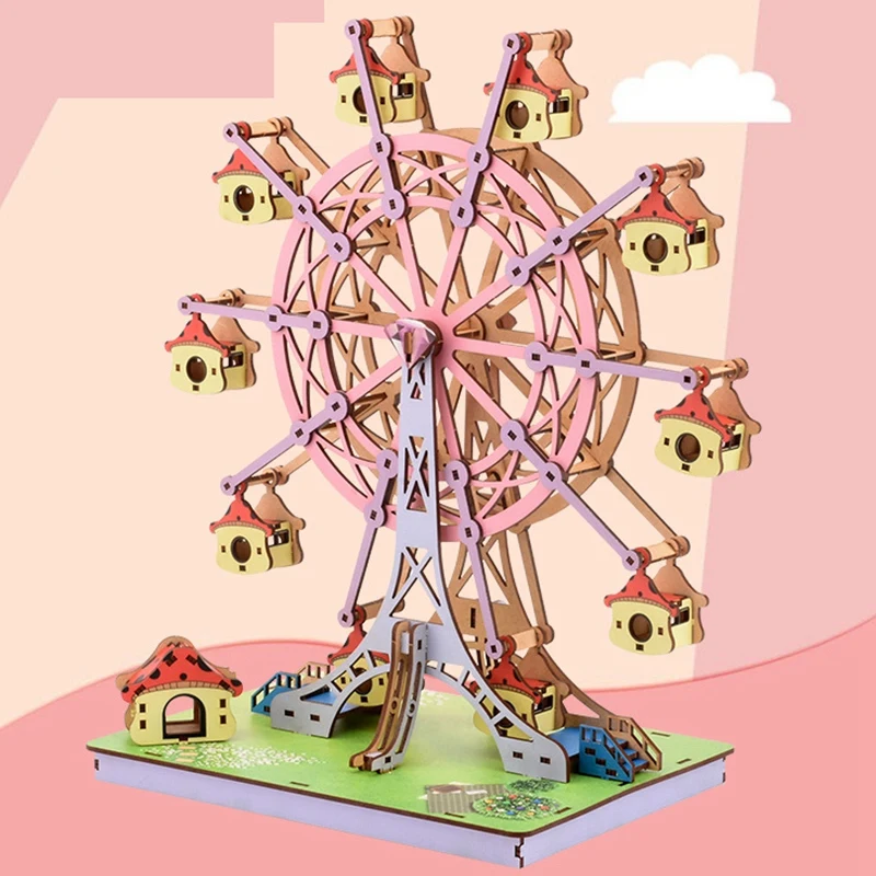 

Rotatable DIY 3D Wood Block Puzzles Ferris Wheel Building Pink Block Kits Assembly Toy Gift for Children Adult
