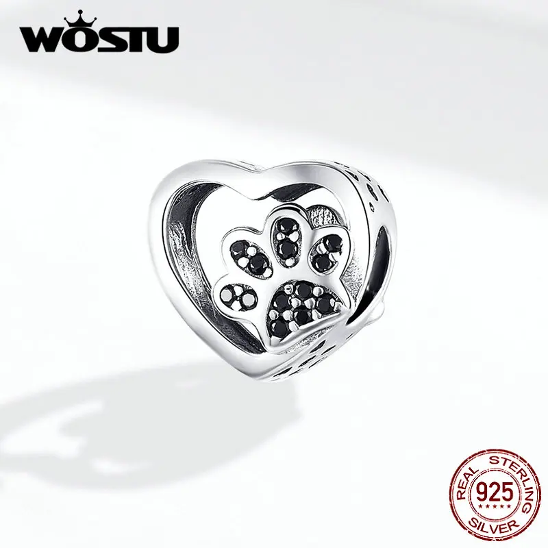 WOSTU 925 пробы серебро сердце лапа собаки бусины черная эмаль Циркон Шарм Подходит браслет DIY ювелирных изделий BKC1191-BK