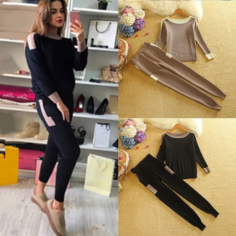 Vertvie Autumn Tracksuits Women Casual Knitted 2 Pcs Sets Female Knitwear Slim Sweater Tops Pants Warm Winter Suits | Женская одежда