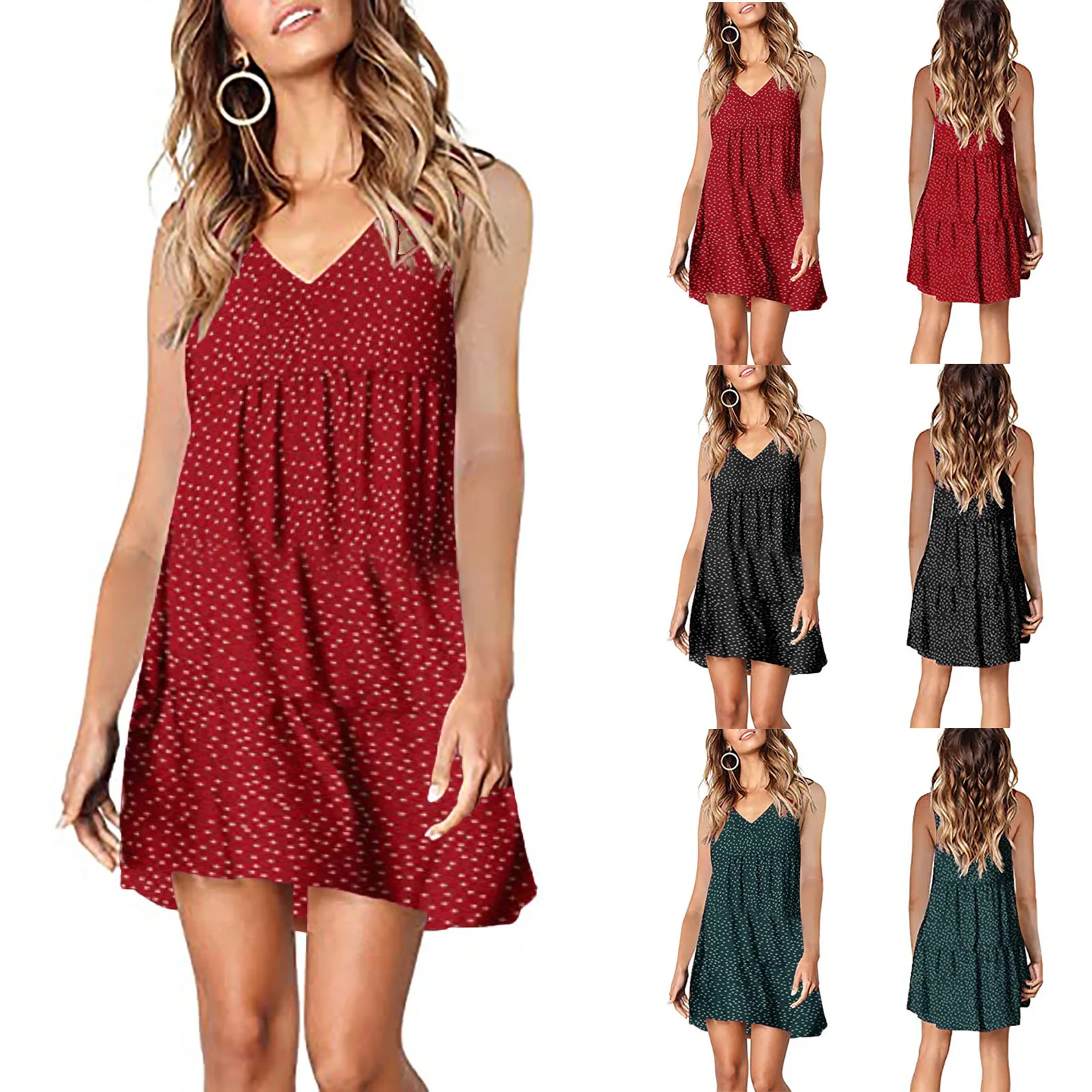 

2021 summer new women's casual sling V-neck sleeveless wave point Ruffle loose dress