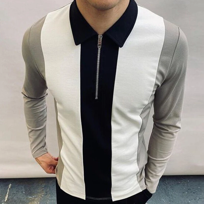 

Fashion Patchwork Long Sleeve Polo Shirts Men Slim Polo Shirt 2021 Autumn Streetwear Mens Casual Turn-down Collar Zipper Tops