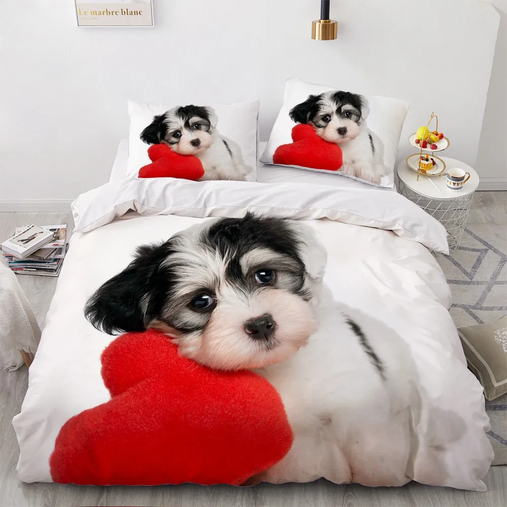 

3D Bedding Sets White Duvet Quilt Cover Set Comforter Bed Linen Pillowcase King Queen 140*210cm Size Dogs Pets Dog