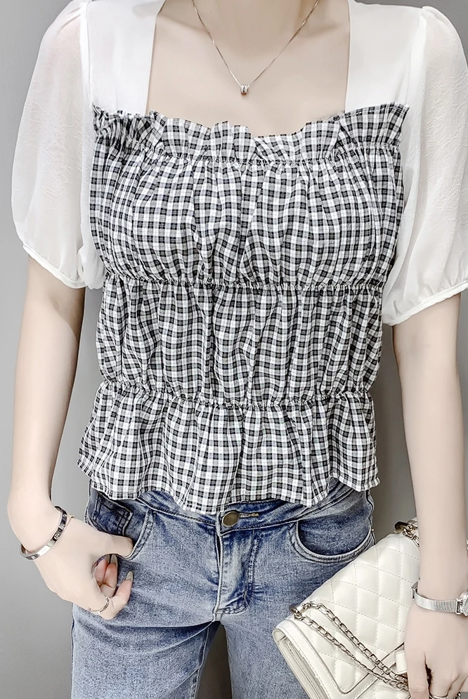 

COIGARSAM Short Sleeve blouse women New Summer Plaid blusas womens tops and blouses 6863