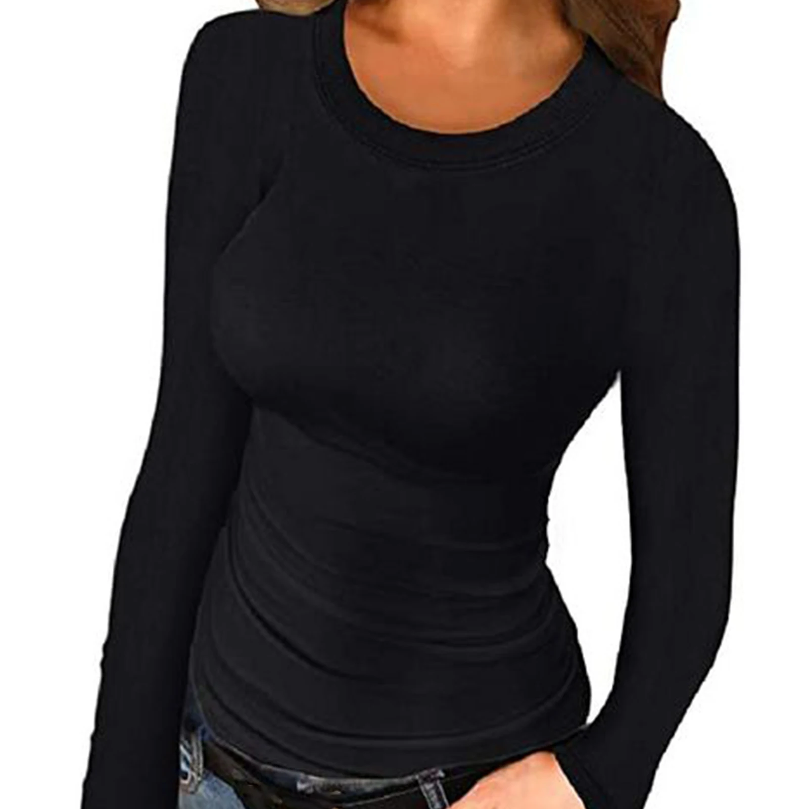 

Women Autumn Winter Solid Color Long Sleeve O Neck Slim Bottoming Blouse Top