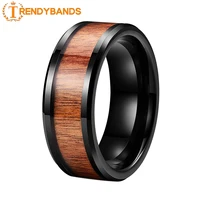 8mm black tungsten engagement rings wedding bands for men women koa wood inlay beveled edges polished comfort fit