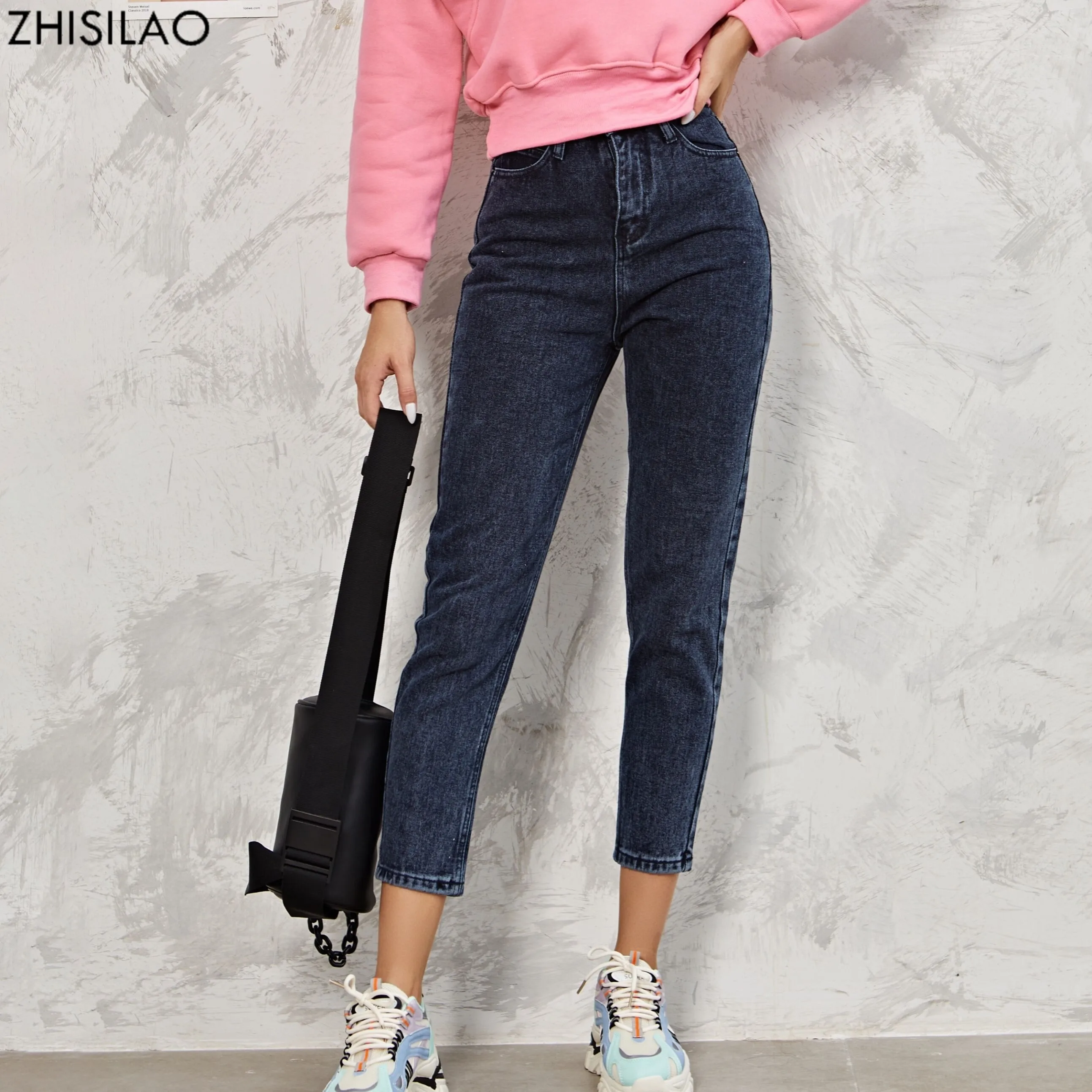 ZHISILAO шаровары джинсы модные с высокой талией 100% хлопок свободные винтажные синие
