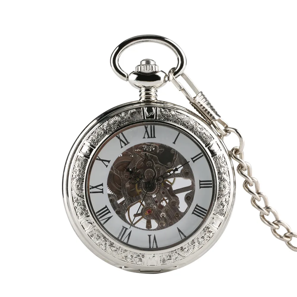 Silver Mechanical Pocket Watch Manual Mechanism Pendant Fob Chain Clock Transparent Glass Cover Roman Numerals Retro Timepiece