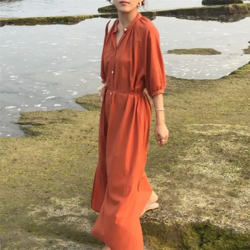 Женского рубашка платье Летнее пляжное макси-платья с отложным воротником