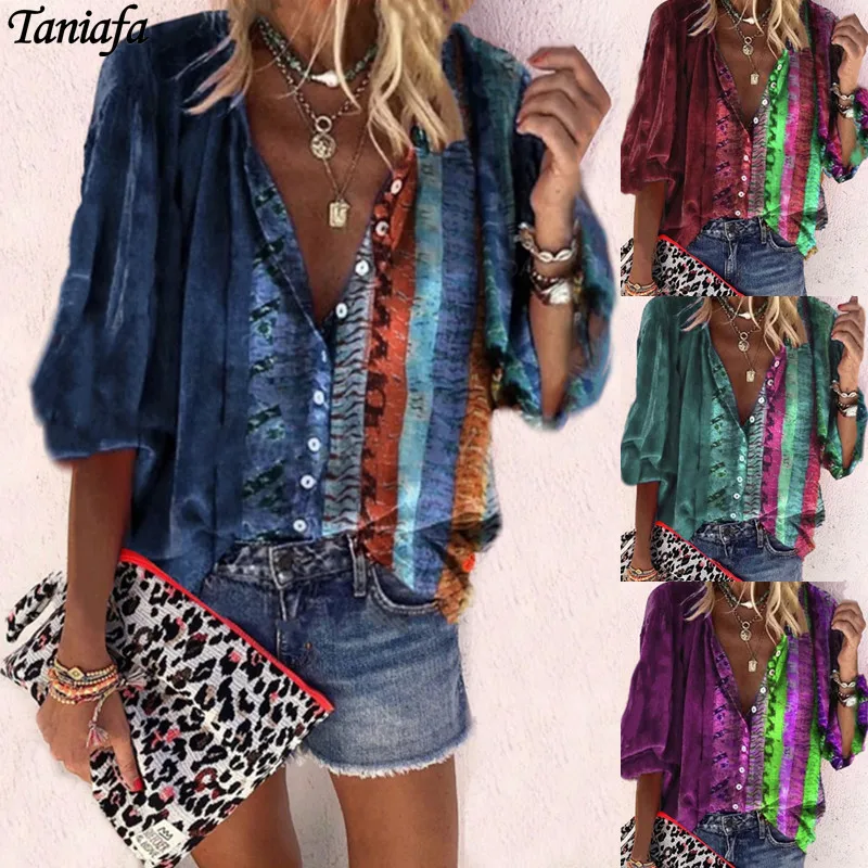 

Tanifa 2021, модные рубашки с цветочным принтом для женщин, v-образный вырез, длинный рукав, пуговица, топы свободного размера плюс, рубашки на пуг...