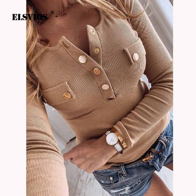 5XL, женские рубашки, весна, v-образный вырез, металлические пуговицы, в рубчик, вязанная блузка, модная, длинный рукав, одноцветная, размера плюс, топы, Осенний пуловер