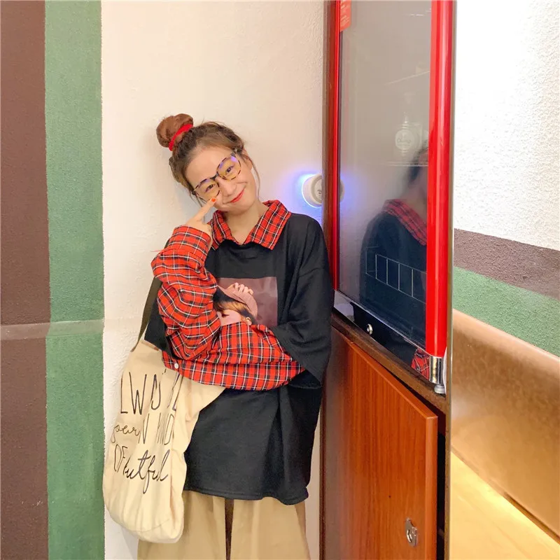 Толстовки женские в стиле пэчворк в Корейском стиле Harajuku с отложным воротником в стиле хип-хоп Студенческая модная Женская одежда оверсайз пуловер для отдыха