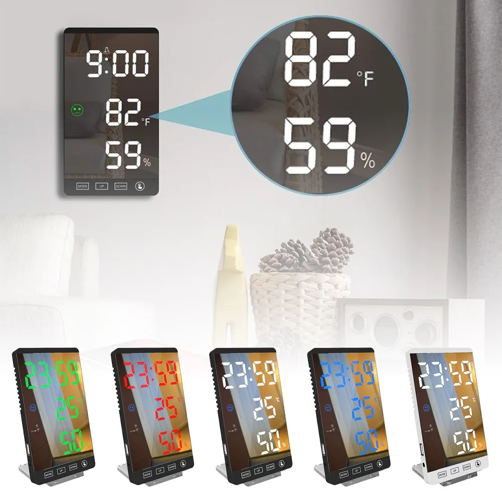 

6 Inch LED Alarm Clock Touch Button Wall-mounted Clock Time Temperature And Humidity Display USB Mirrored Electronic Clock