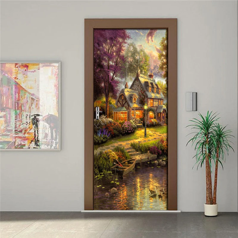 DIY стикер для дверей картина маслом дом фото обои ПВХ Самоклеящиеся наклейки на