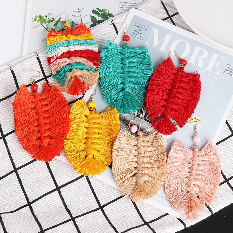 Дизайн в богемном стиле листьев Форма длинной кисточкой серьги для женщин модное