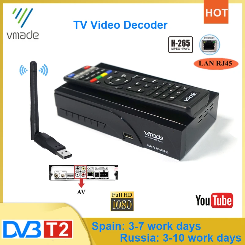 ТВ декодер Vmade DVB T2 спутниковый цифровой приемник тюнер H.265/HEVC Поддержка RJ45 Youtube