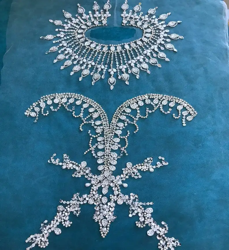 

Deluxe Silver Rhinestone Applique, Wedding Bodice Heavy Beaded Lace Applique Sequins Dress Costume Accessories