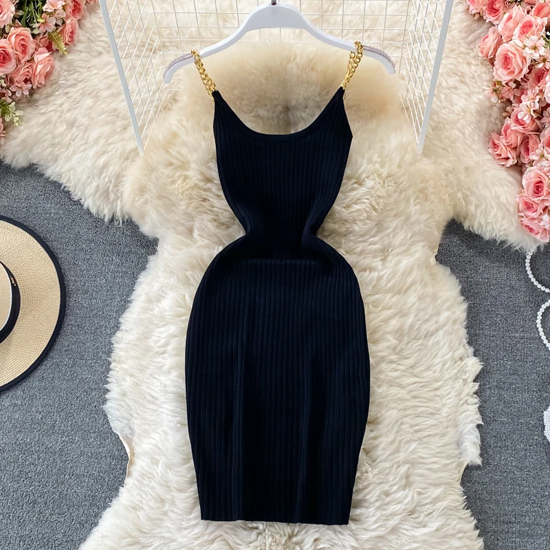 

Amolapha Women Solid Color Slim Sheath Stretchy Knitting Chain Sling Dresses Vestidos