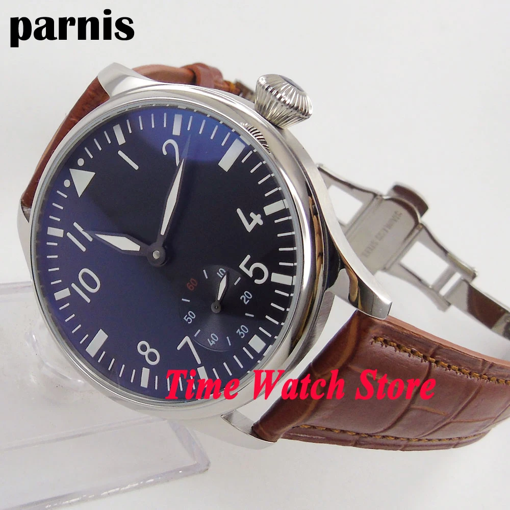 Винтажные 44 мм часы Parnis no logo с черным циферблатом светящиеся 17 драгоценностей
