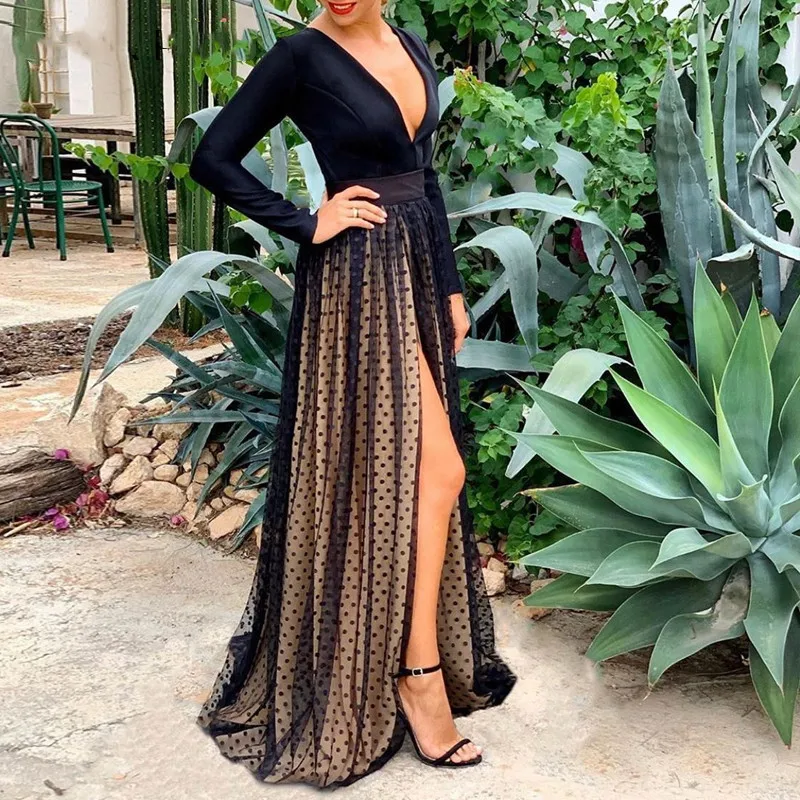 

Сетчатое платье макси с глубоким V-образным вырезом в горошек, женское вечернее платье, черное платье 2021