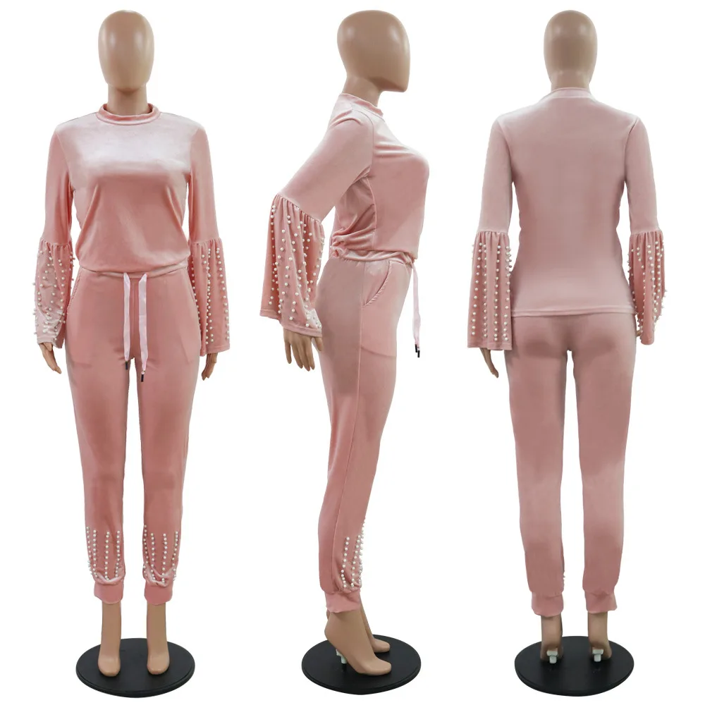 Женский Бархатный спортивный костюм комплект из двух предметов украшенный