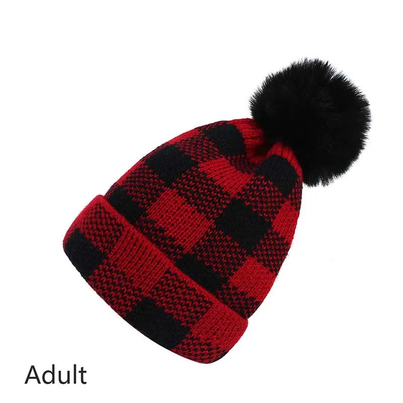

Baby Pom Poms Red Plaid Hat Knitting Wool Parent-child Mommy and Baby Hat Winter Warmer Ear Hats for Girls Bebes Accesorios