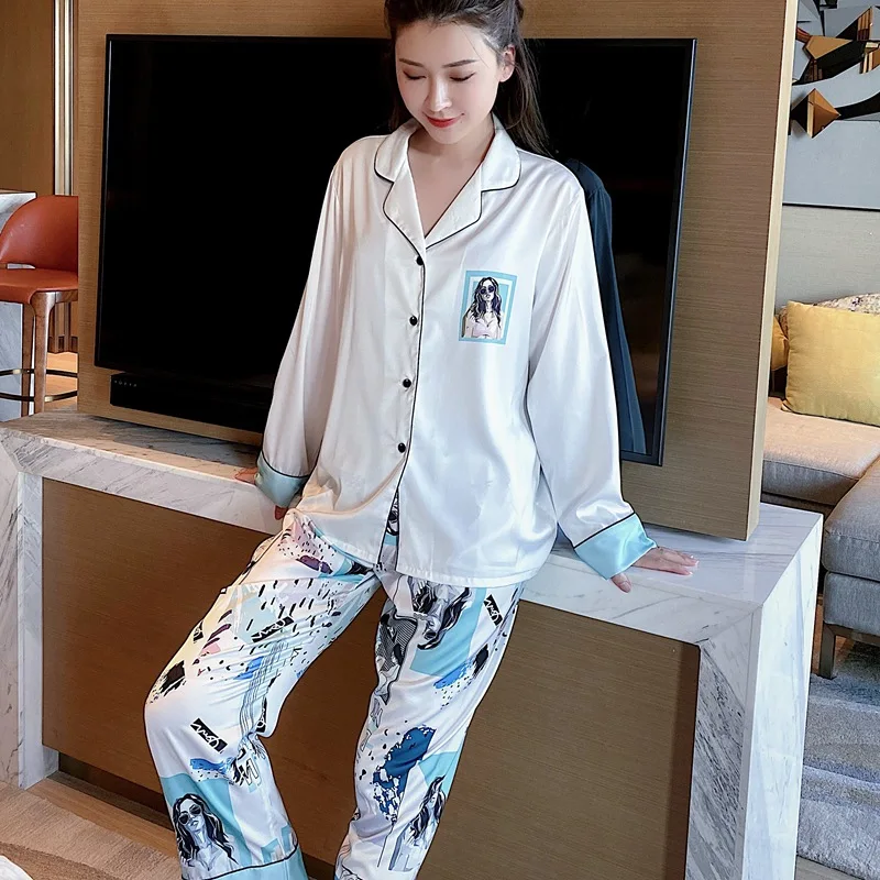 

Print Figure Women Pajamas Sets 2PCS Sexy Turn-Down Collar Pyjamas Suit Sleepwear Nightwear Loose Large Size Faux Silk Home Wear
