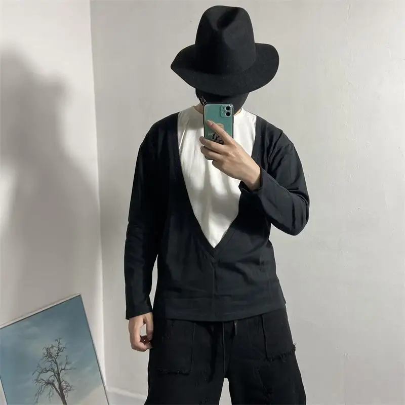 

Men's Long-Sleeve T-Shirt Spring And Autumn New Two-Color Stitching Design European And American Style Youth Fashion T-Shirt