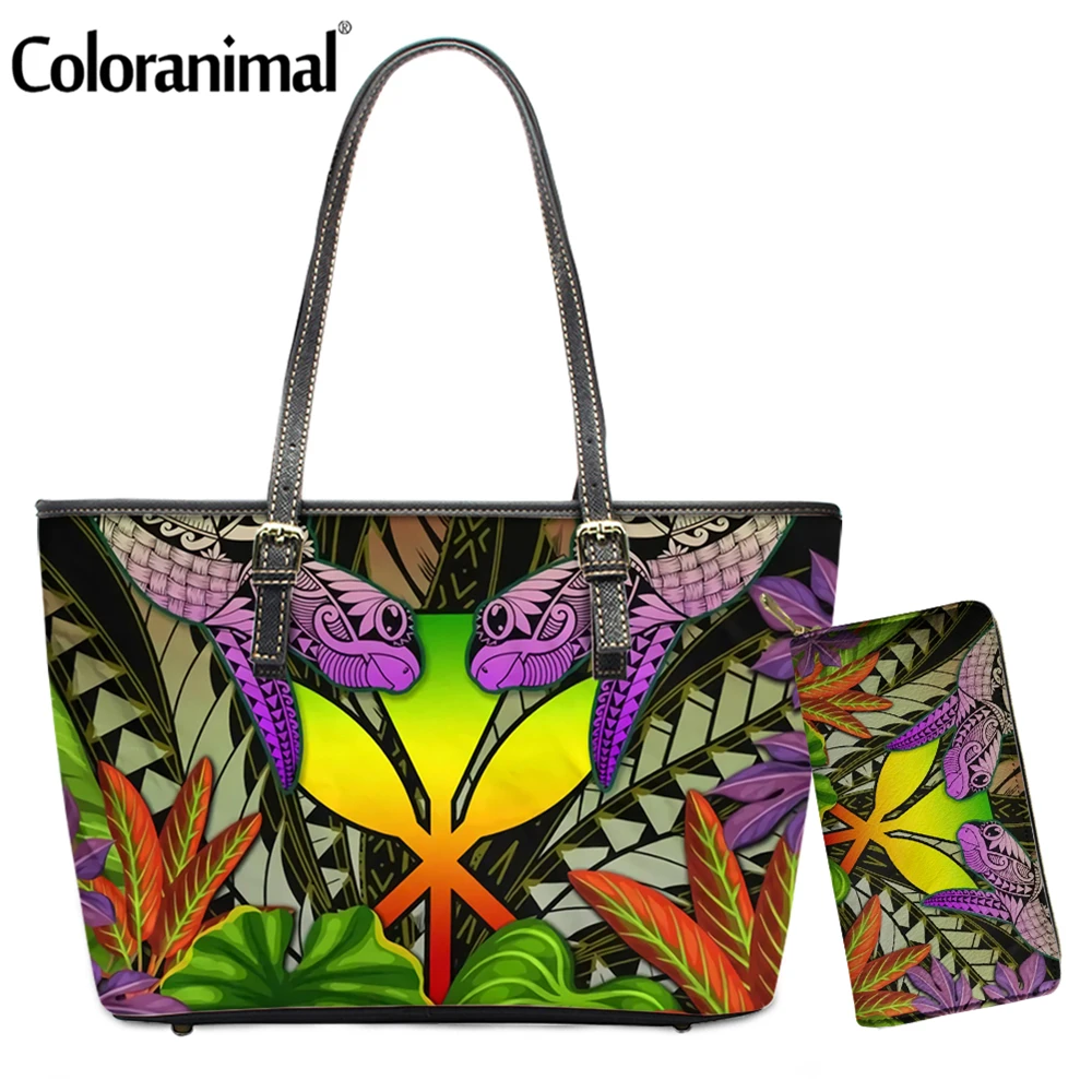

Coloranimal Luxury Brand Lady 2Pcs/Set Shoulder Bag With Purse Hawaii Turtle Polynesian Tropical Flower Print Women Tote Handbag