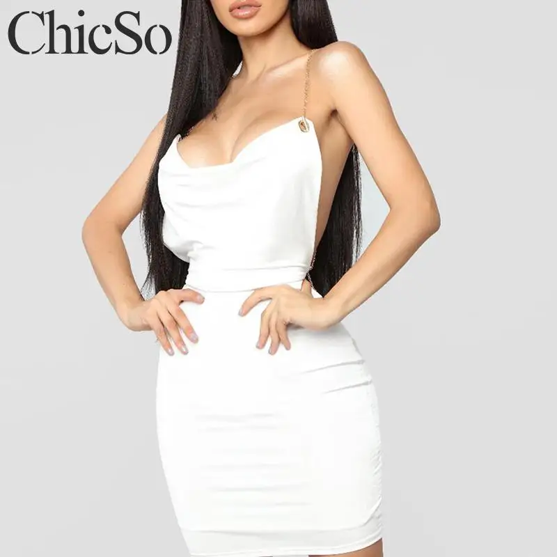MissyChilli сатиновое элегантное белое платье с открытой спиной для женщин цепочкой