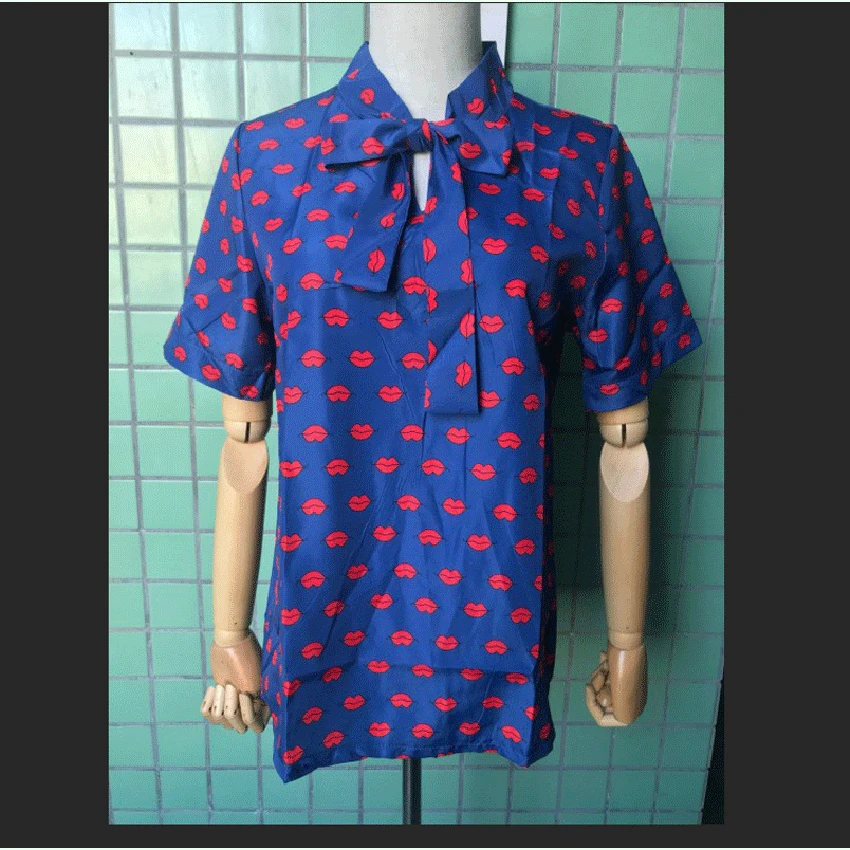 

Red Lip Shirt Kiss Bowknot Vintage Short Sleeve Women Lady Female Party Elegant Leisure Shirt Fashion High Quality Slim Bodycon