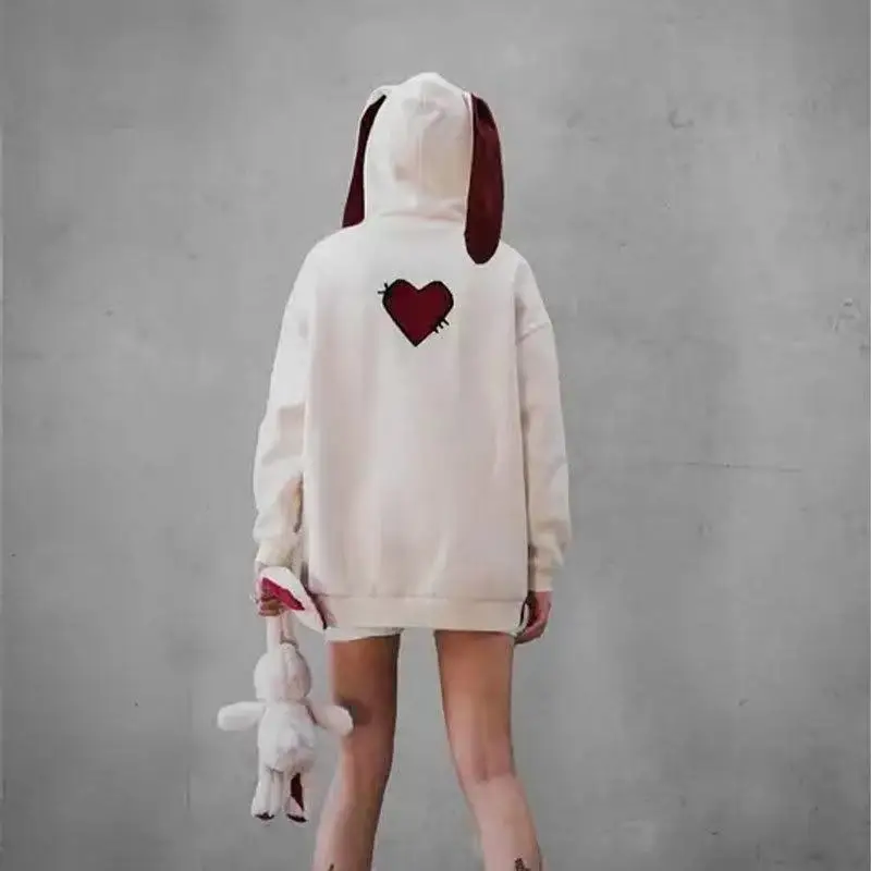 

Lugentolo Cute Rabbit Hoodies Women White Plus Velvet Pullovers Long Sleeve 2021 Spring Fashion Loose Casual Sweatshirt Women