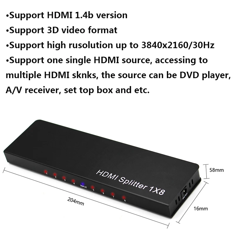 HDMI 1X8  1 In to 8 Out 1x8 HDMI Splitter Converter Split Display for DVD PS3 Xbox HDTV 4K With power Adapter