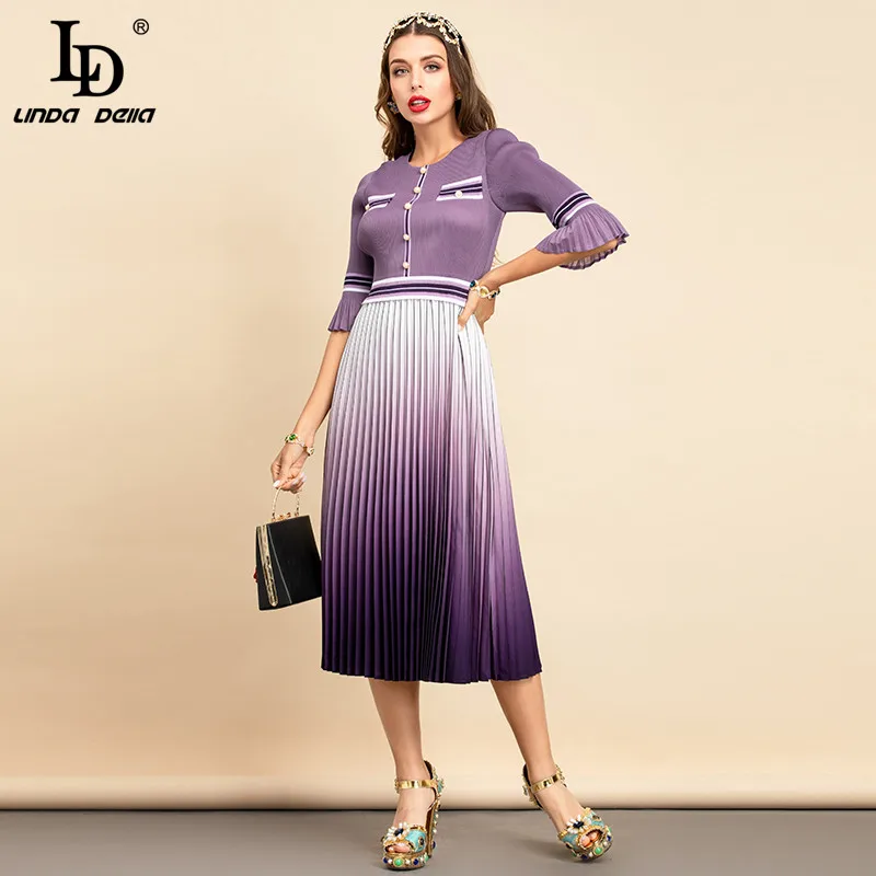 

LD LINDA DELLA New 2021 Spring Summer Fashion Designer Vintage Dress Women knitted Patchwork Pleated elastic Midi Elegant Dress