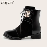 women martin boot lacing ankle boot back zipper short boot round toe flat boot women leather splicing suede boot botas de mujer