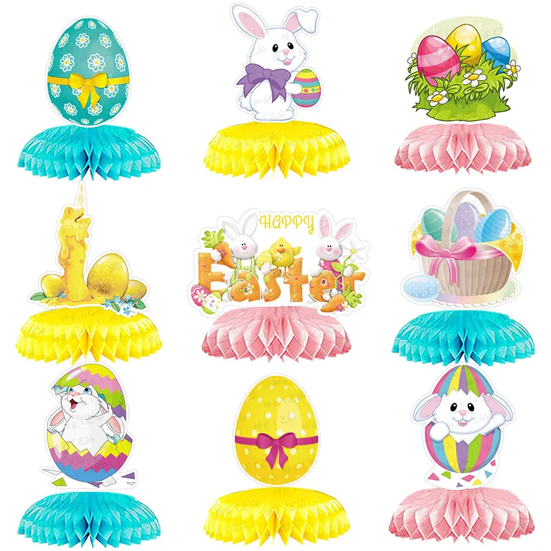 

9Pcs Happy Easter 3D Egg Rabbit Table Decorations Hanging Tissue Bunny Honeycomb Centerpieces Birthday Baby Shower Party Decor