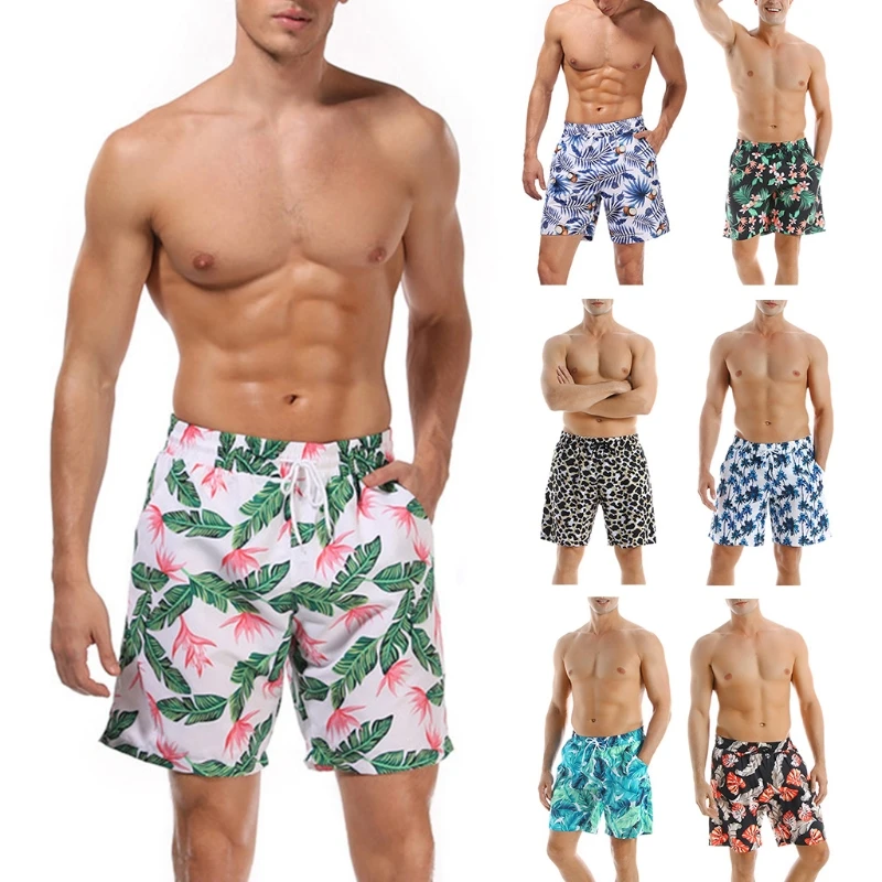 

Men Quick Dry Drawstring Waist Swim Tropical Leaves Beach Board Shorts