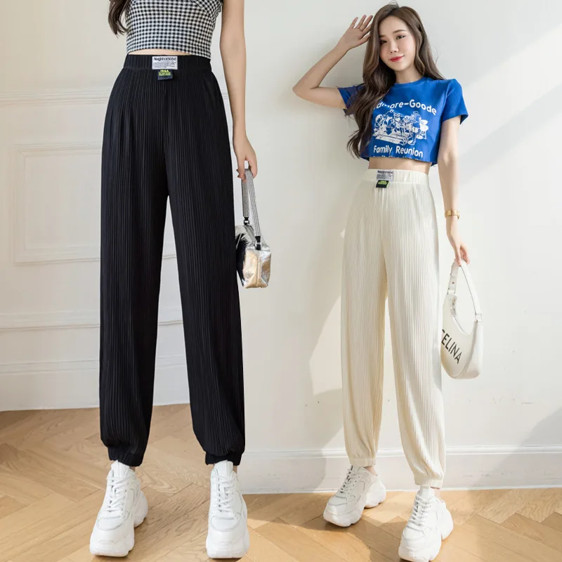 

Limiguyue Women Pants Ice Silk Tunic Wide Leg Capris Summer Loose Bloomers Sports Joggers Sweatpants Casual Harem Pants K2330