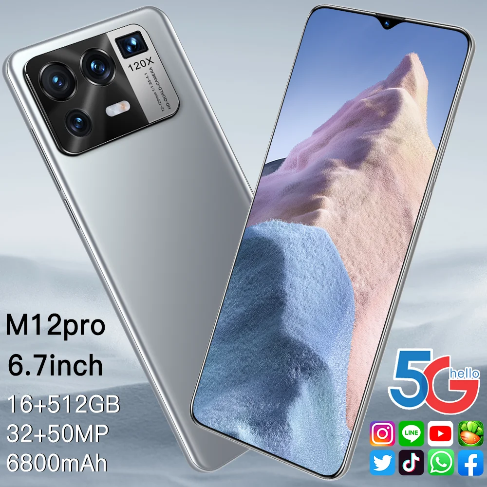

M12 Pro Global Version Smartphone 16GB 512GB 32MP 50MP 10 Core 6.7 Inch 6800MAH Face ID Snapdragon 888 Android 11 Mobile Phone