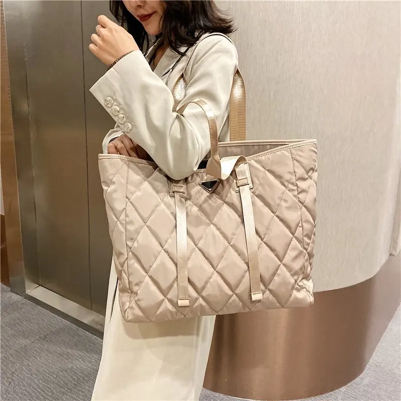New Fashion Trend Women's Tote Bag Rhombus Check Shoulder Bags Large Capacity Female Handbag High Quality Nylon Shopping Bag