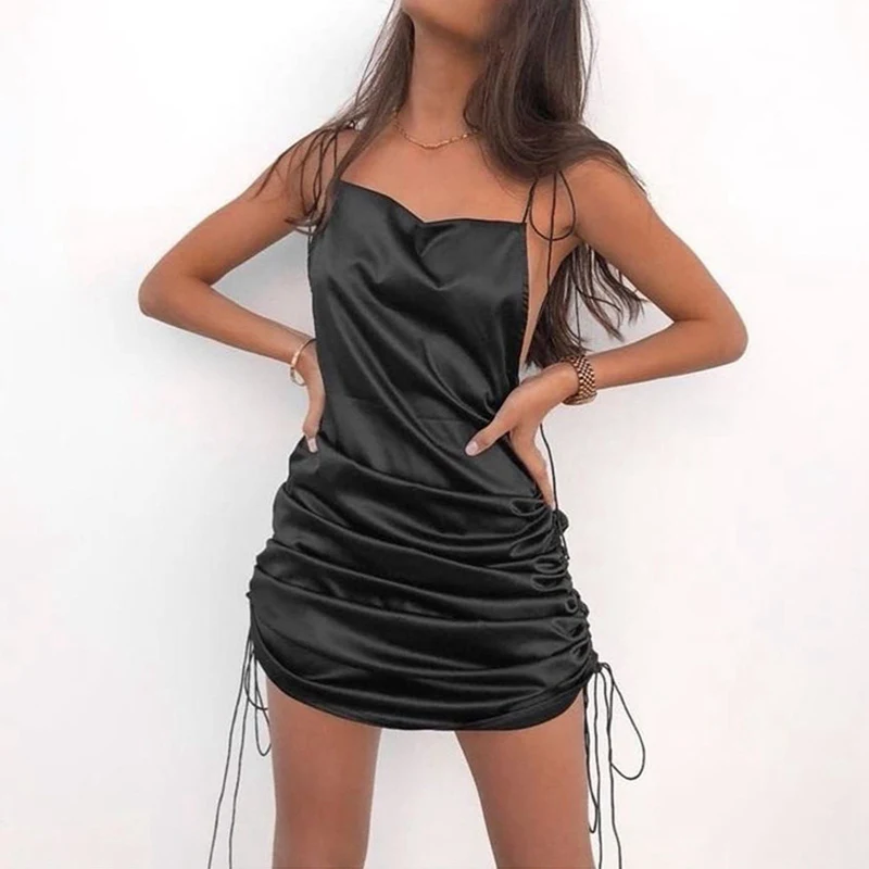 

Puimentiua Women Sleeveless Short Dress Beach Satin Fashion Dresses Ruched Pleated Drawstring Casual Female Mini Dress Vestidos